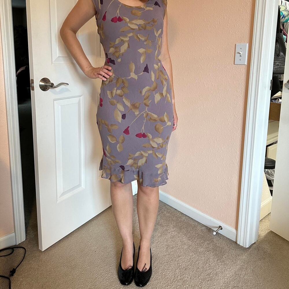 vintage y2k silk caslon purple floral dress ruffles office siren chic